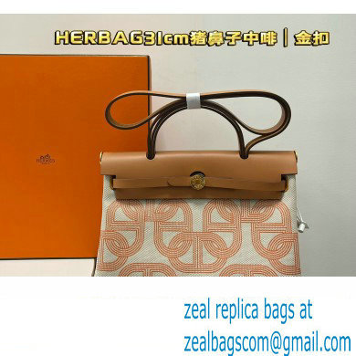 Hermes Herbag Zip 31 bag Brown with Gold Hardware in H Plume canvas with Circuit 24 motif (Full Handmade)